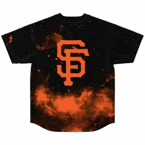 Orange nebula and starfield design on black jersey, back view flat lay