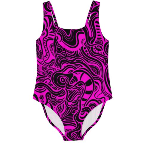 Hot pink and black swirling liquid one-piece rave swimsuit front view flat lay