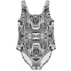 Black and white mirrored abstract swirl one-piece swimsuit front view with symmetrical tribal linework