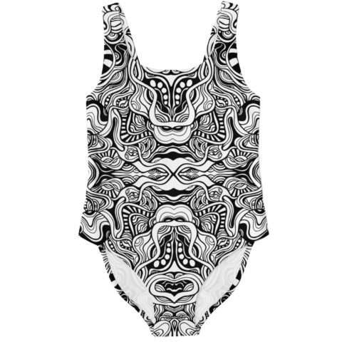 Black and white mirrored abstract swirl one-piece swimsuit front view with symmetrical tribal linework