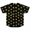 Black tossed cartoon-sponge print baseball jersey, back view laid flat