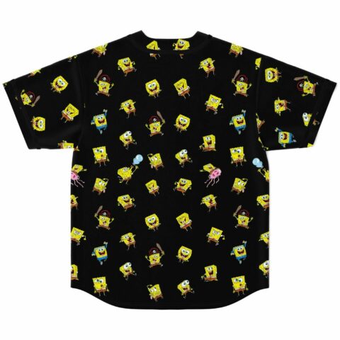 Black tossed cartoon-sponge print baseball jersey, back view laid flat
