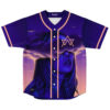Purple baseball jersey with cloud-veiled woman portrait and peach trim, front view