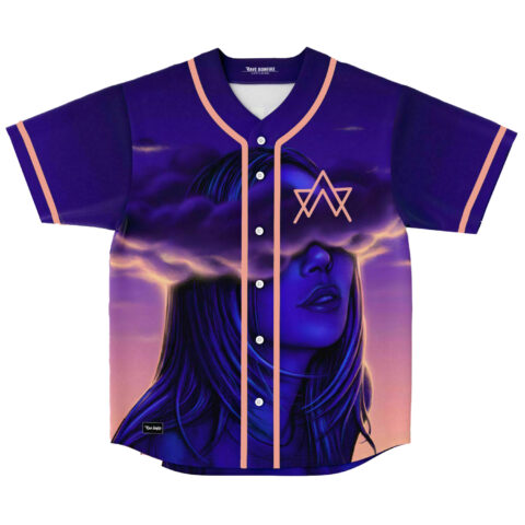 Purple baseball jersey with cloud-veiled woman portrait and peach trim, front view