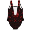 Back view of red circuit print swimsuit showing plunge cutout and X icon