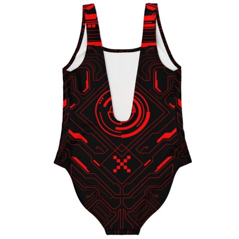 Back view of red circuit print swimsuit showing plunge cutout and X icon
