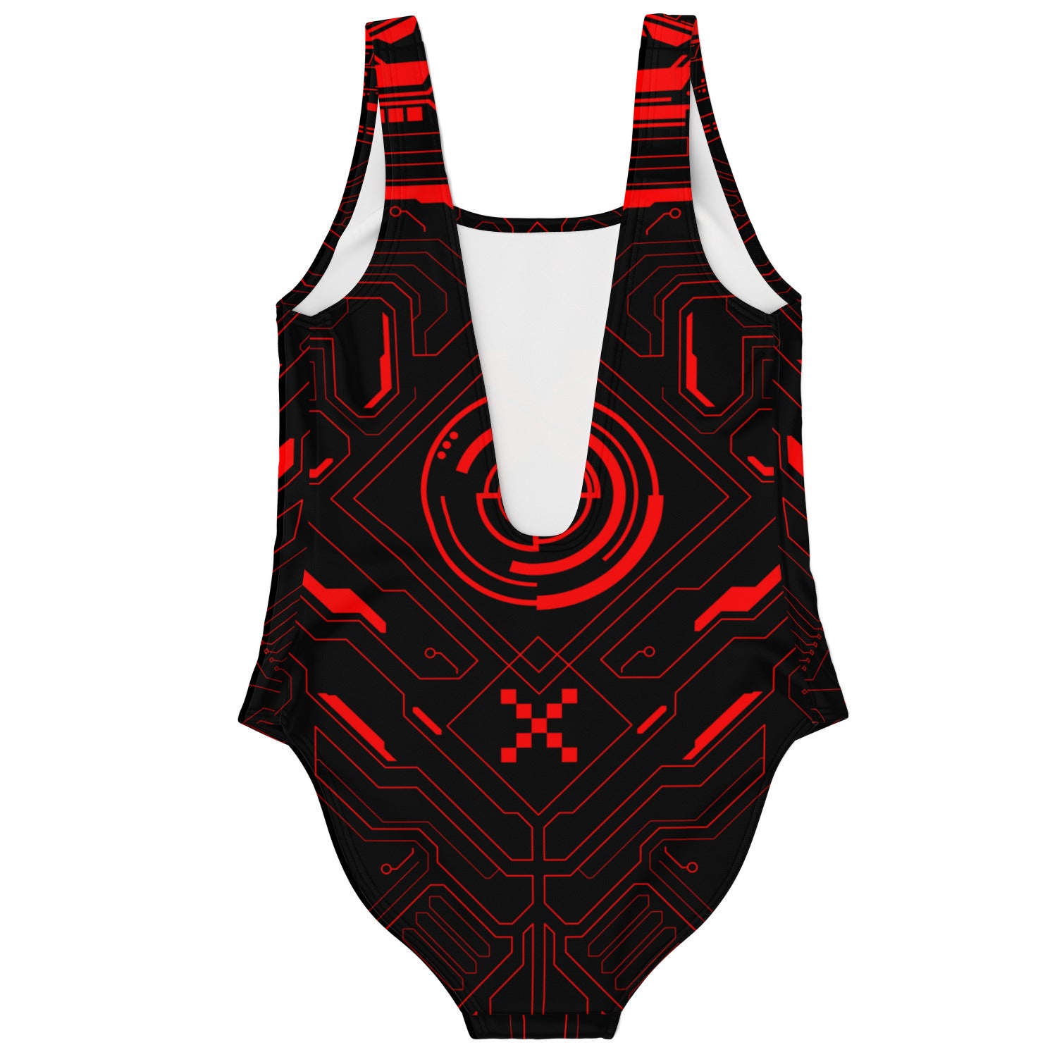 A black and red Cyberpunk Hud Rave Bodysuit.
