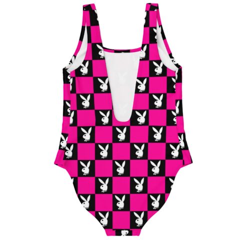 Bunny grid checkerboard swimsuit back view showing deep scoop and open racerback cut
