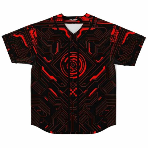 Black baseball jersey with red circuit board print and glowing radar chest emblem, front view