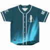 front view of dark teal night sky rave baseball jersey with aurora print and lone
