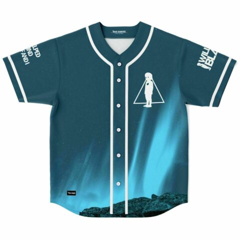 front view of dark teal night sky rave baseball jersey with aurora print and lone