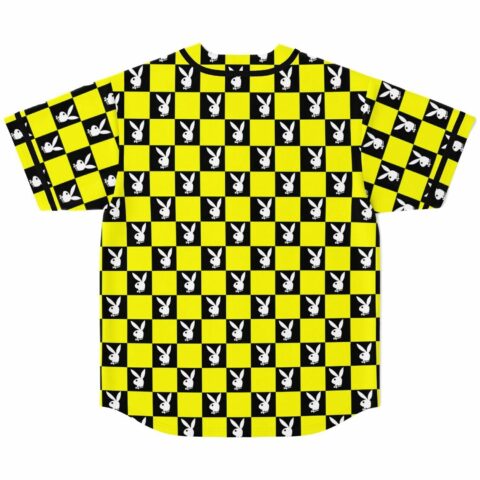 Yellow and black checkerboard bunny print jersey, back view laid flat