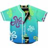 Reversible baseball jersey flat lay in teal-to-blue gradient with sponge-character pattern and flower print, black