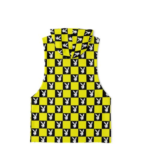 Front view of sleeveless hoodie showcasing bold checkerboard design