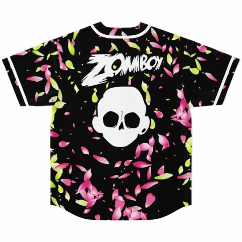 Back view of black jersey showing Zomboy text above skull graphic amid falling flower petals