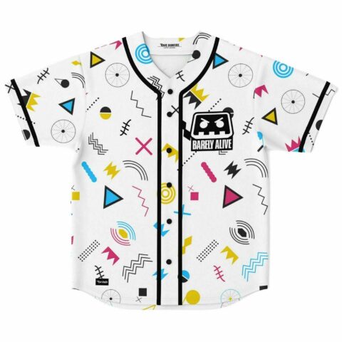 White baseball jersey with retro 80s memphis geometric print and Barely Alive monster logo front