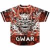 Back view of tribal demon jersey with fanged skull print and GWAR text across hem