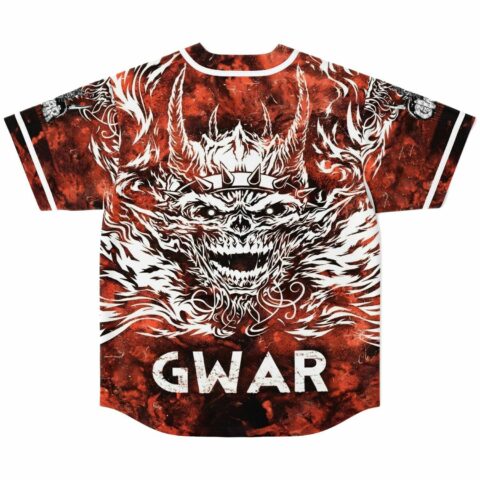 Back view of tribal demon jersey with fanged skull print and GWAR text across hem