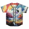 Dreamy fantasy landscape baseball jersey with rainbow sky and winged bird logo, front laid flat