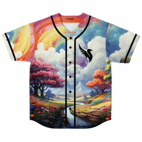Dreamy fantasy landscape baseball jersey with rainbow sky and winged bird logo, front laid flat