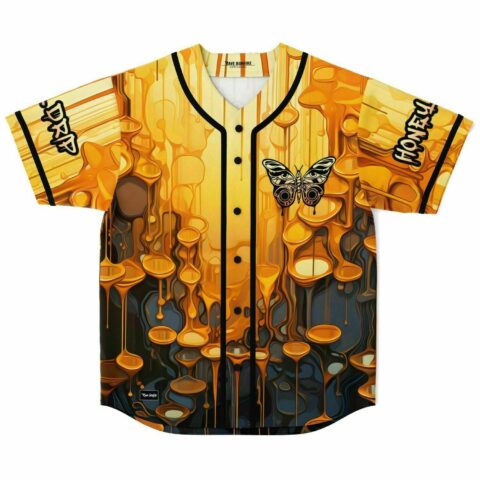 Front view of dripping honey baseball jersey with butterfly graphic and Drip Honey sleeve text