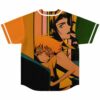 Bass-inspired anime rave baseball jersey back view with bold graphic character print and striped panels