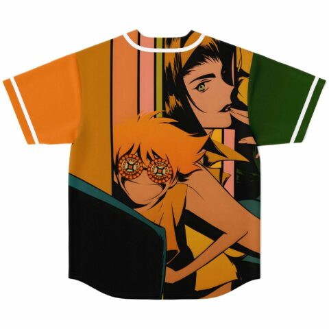 Bass-inspired anime rave baseball jersey back view with bold graphic character print and striped panels