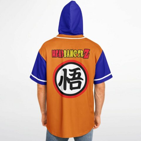 Hooded rave jersey back view with kanji circle graphic and Headbangerz text over blue hood