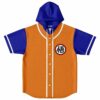 Orange anime-inspired hooded baseball jersey with blue sleeves and kanji emblem flat lay front view