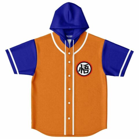 Orange anime-inspired hooded baseball jersey with blue sleeves and kanji emblem flat lay front view