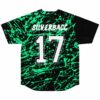 Black and green splatter jersey back view with Silverbacc 17 printed in bold letters