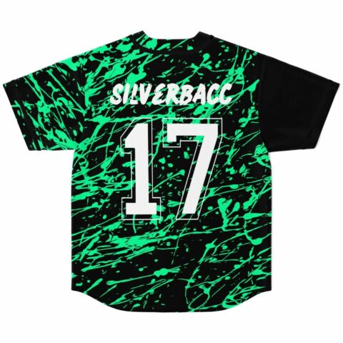 Black and green splatter jersey back view with Silverbacc 17 printed in bold letters