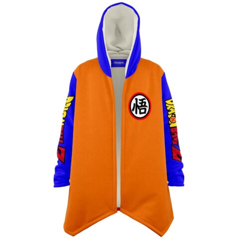 Orange body rave cloak with blue sleeves and kanji symbol patch, front view
