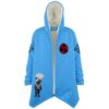 Sky blue anime-inspired hooded cloak with chibi masked ninja and red sharingan-style emblem front view