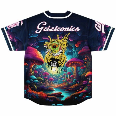 Back view of jersey showing Griztonics script and dripping yellow eyeball creature graphic