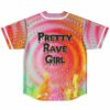 Pretty Rave Girl text on pink hypnotic swirl jersey back with flame hem
