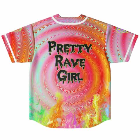 Pretty Rave Girl text on pink hypnotic swirl jersey back with flame hem