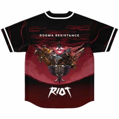 Black jersey back view with red marble swirl print featuring dogma resistance cartoon-style creature graphic