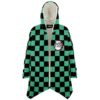 Green and black checkered rave cloak with Bass Slayer patch on chest, front view