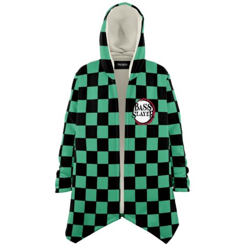 Green and black checkered rave cloak with Bass Slayer patch on chest, front view