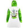 Mad scientist cartoon meditating with green smoke printed on back of white cloak