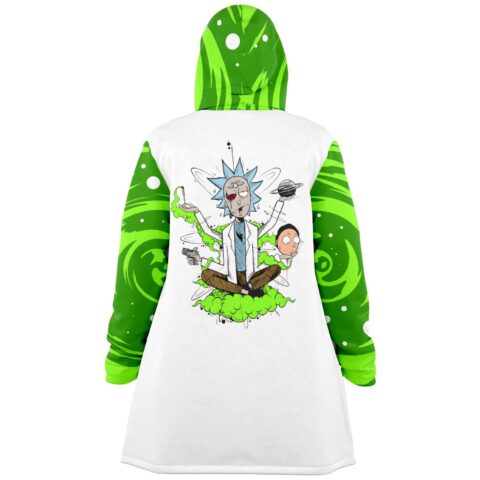 Mad scientist cartoon meditating with green smoke printed on back of white cloak