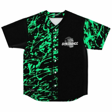 Neon green paint splatter rave baseball jersey with Silverbacc gorilla graphic front view