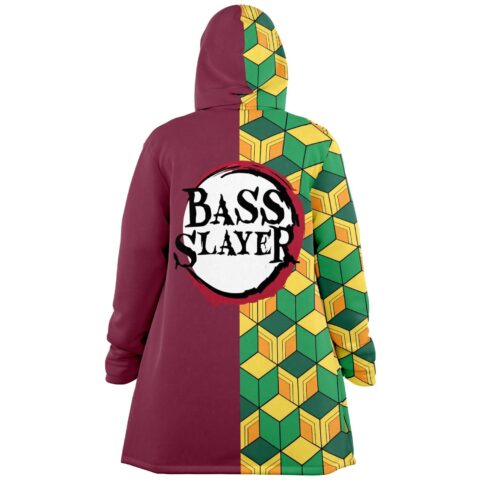 Bass Slayer text on maroon back panel with green cube pattern sleeve