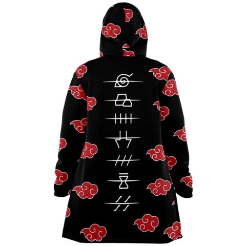 Back view of red cloud print cloak with white village symbol column down the spine