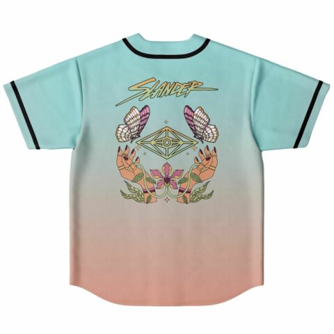 Pastel ombre reversible baseball jersey with butterfly hands and diamond eye graphic back view
