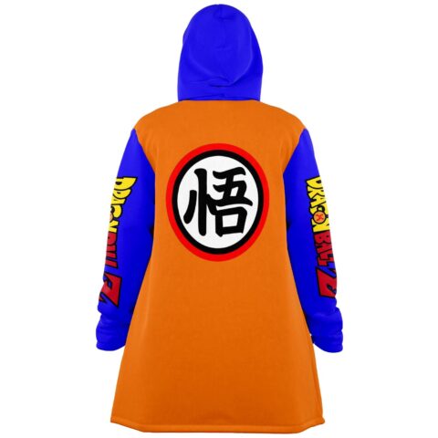 Anime-inspired rave cloak back view showing large kanji circle emblem on orange body