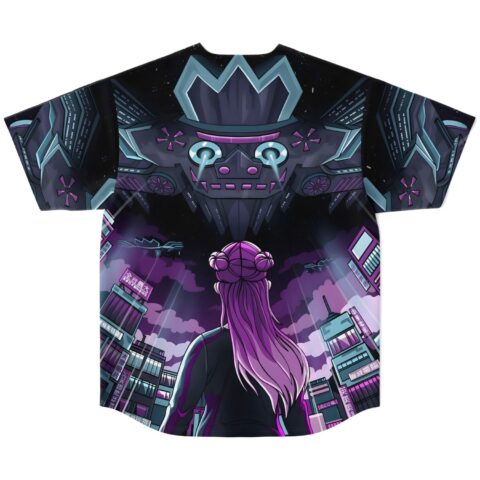 Back view of jersey featuring anime-inspired girl facing a giant robot skyline mural