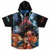 Anime warrior collage hooded baseball jersey with Saiyan and Super sleeve text front view