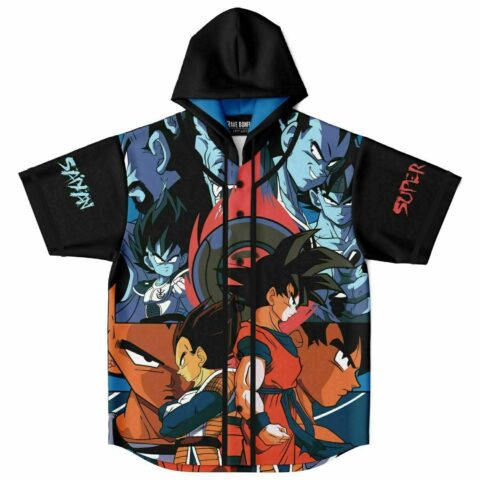 Anime warrior collage hooded baseball jersey with Saiyan and Super sleeve text front view